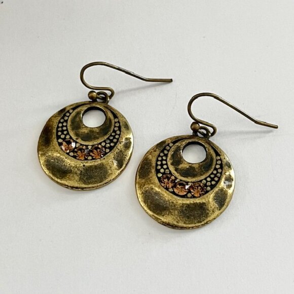 Lia Sophia Earrings Hammered Distressed Brass Tone Amber Rhinestones - Picture 1 of 6